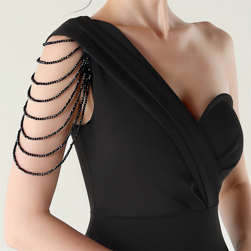 Women sexy and elegant evening beaded one-shoulder slit evening dress 26