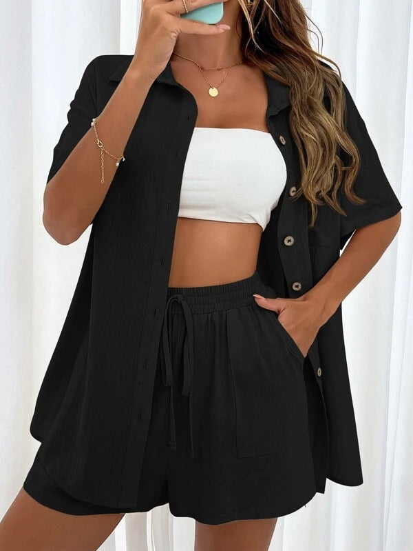 Women Solid Short Sleeve Shirt and Shorts Two-Piece Set 16