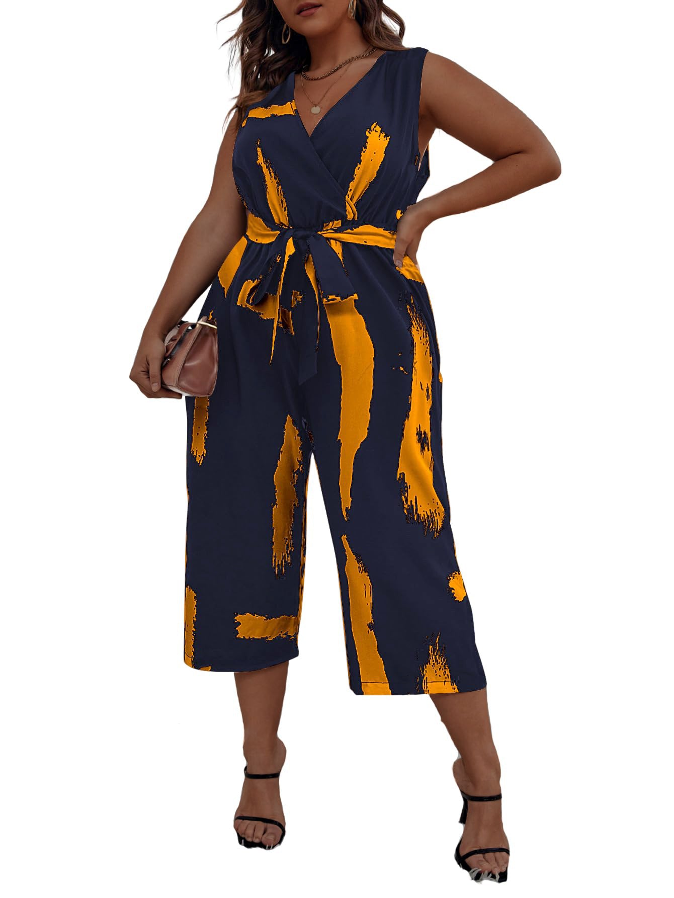 Summer Plus Size Women's Print Fashion V-Neck Sleeveless Two-Piece Trousers Set 7
