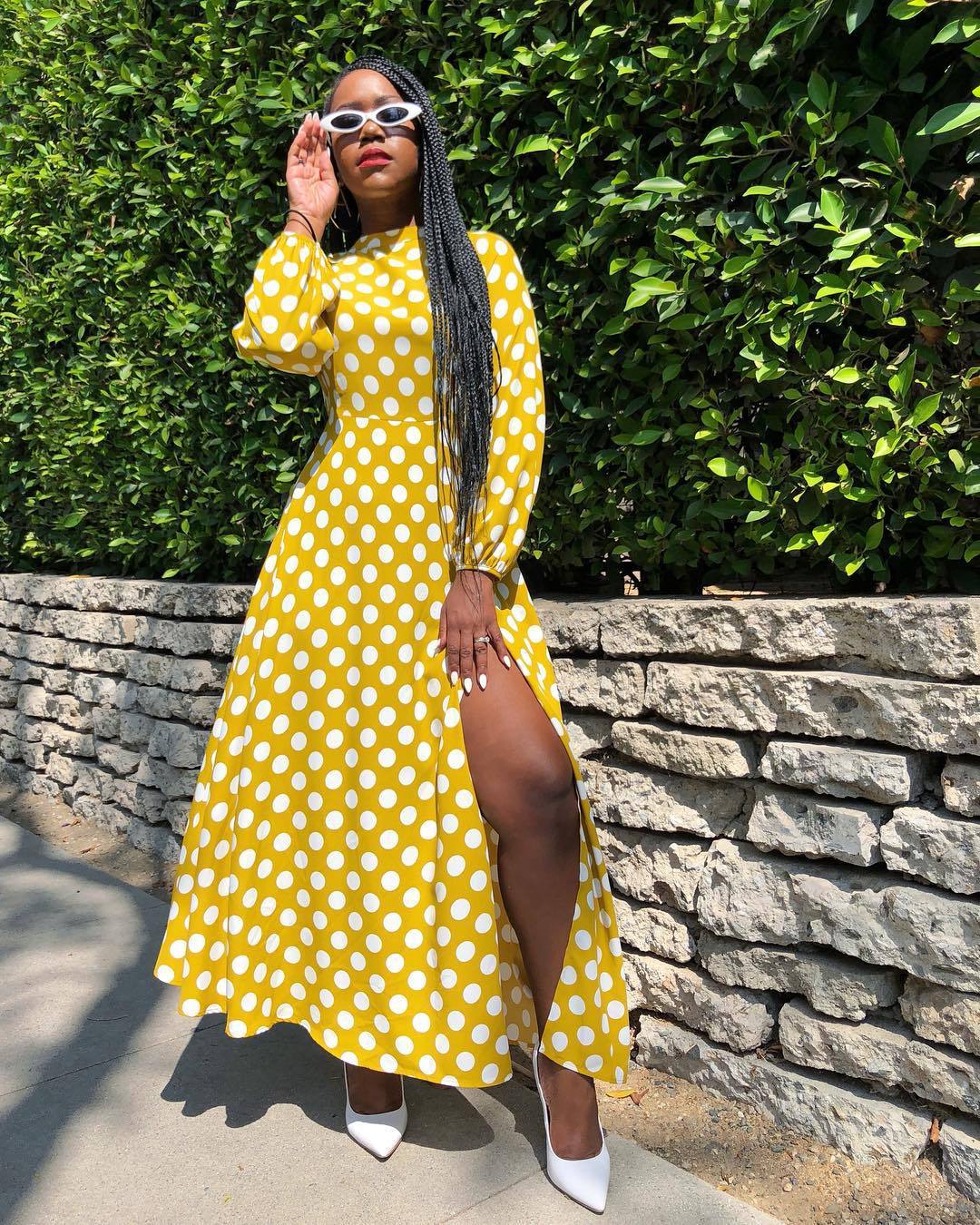 Women's Spring And Winter Round Neck Polka Dot Long Sleeve High Slit Midi Dress 3