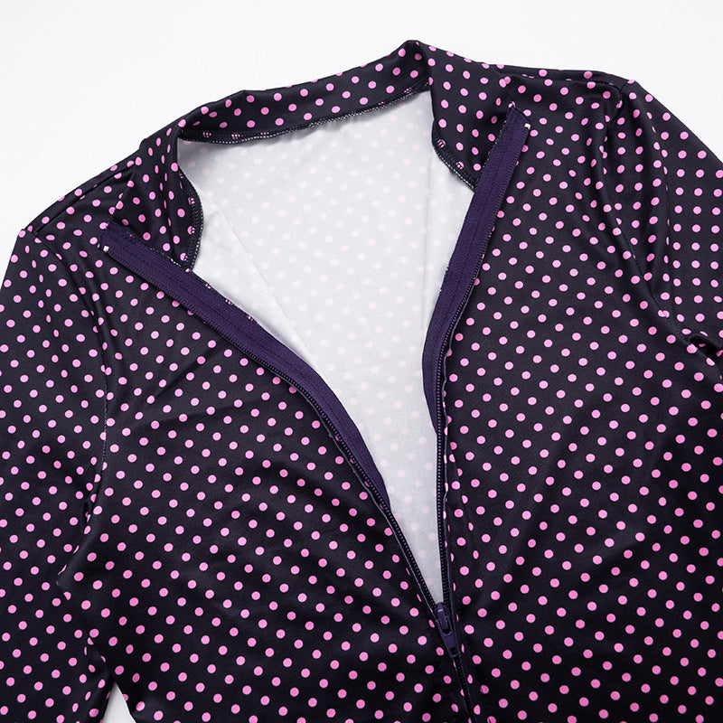 Women polka dot print long-sleeved zippered top and shorts two-piece set 15