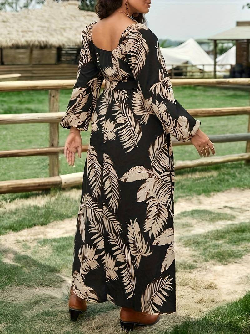 Autumn Print Lantern Sleeve Slim Waist Plus Size Dress 4