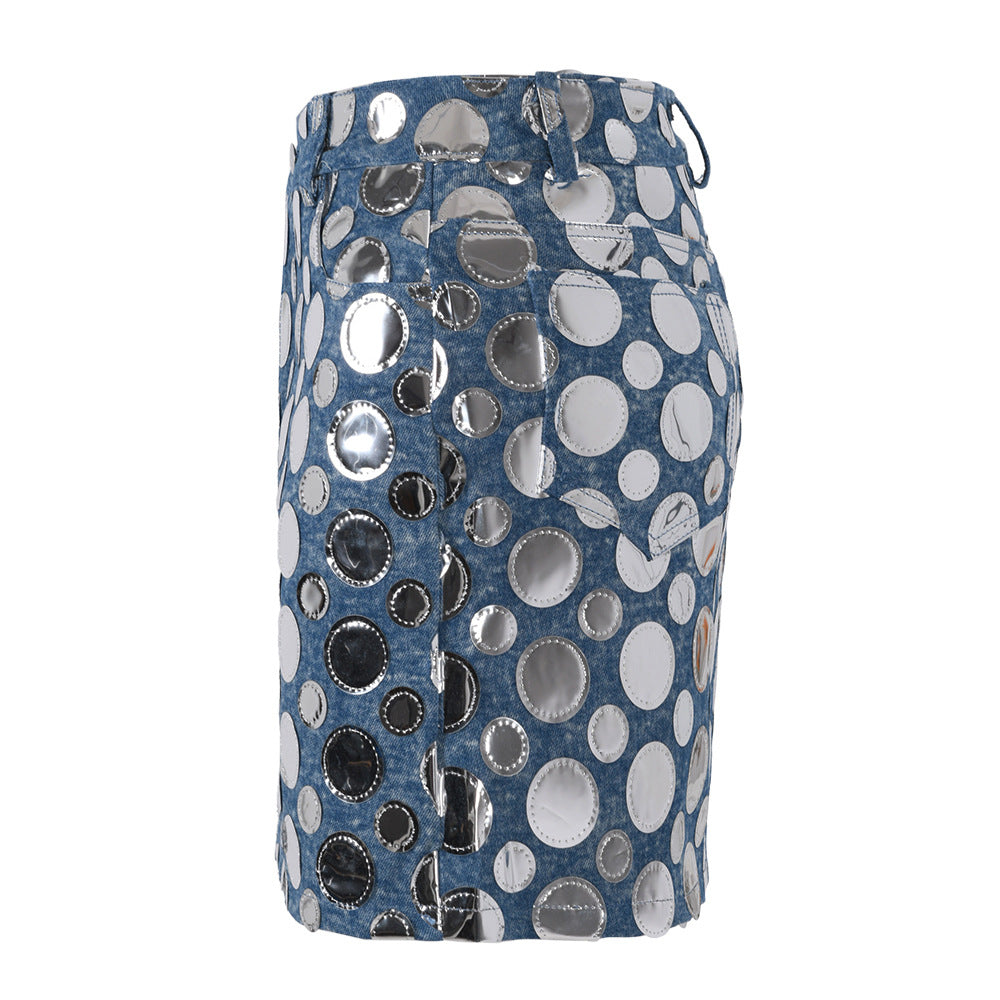 Fashion High Waist Women Summer Sequin Decoration Slim Fit Denim Skirt