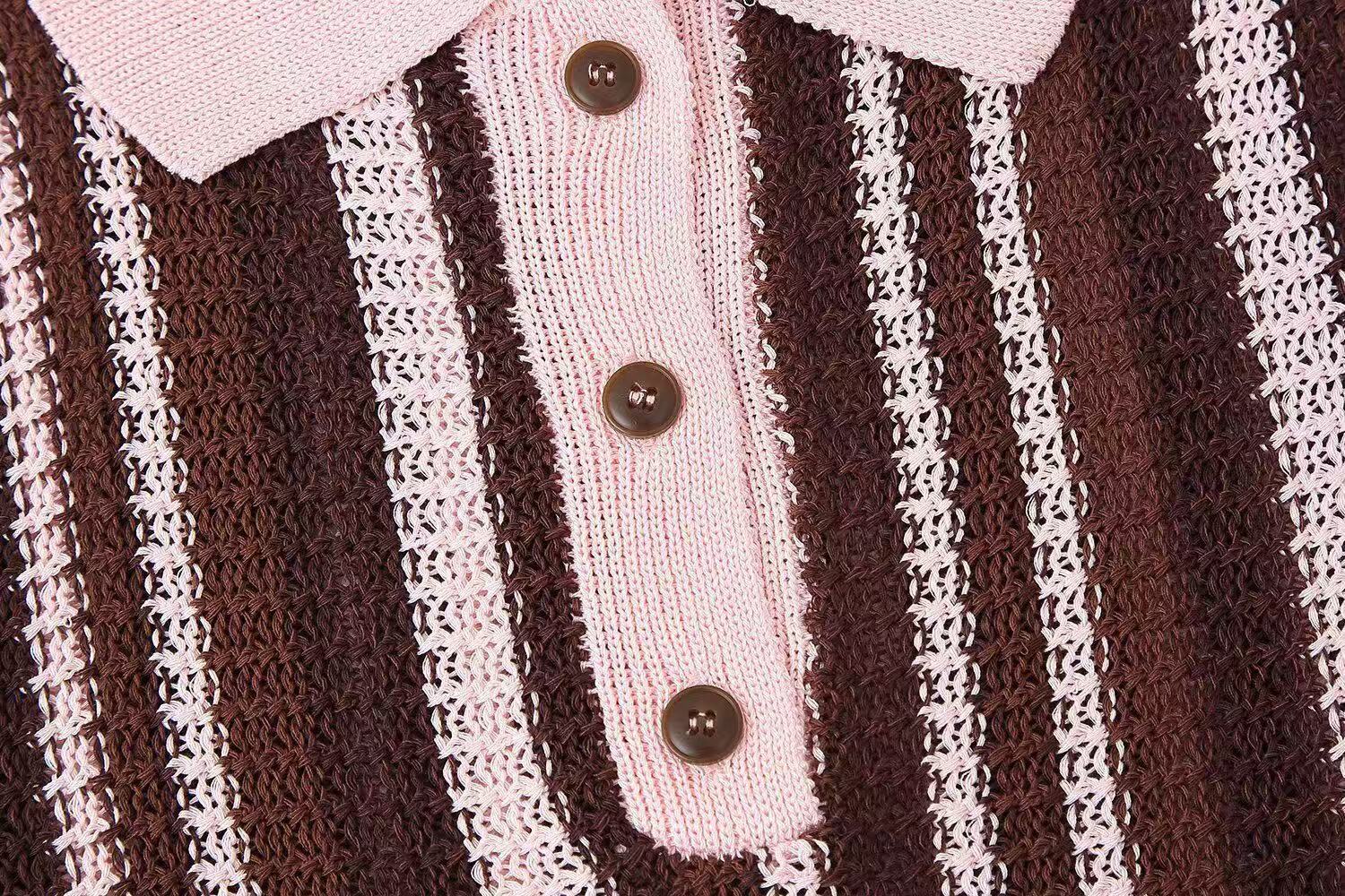 Fashion Striped Turndown Collar Short-Sleeve Top & Shorts Knit Set 15