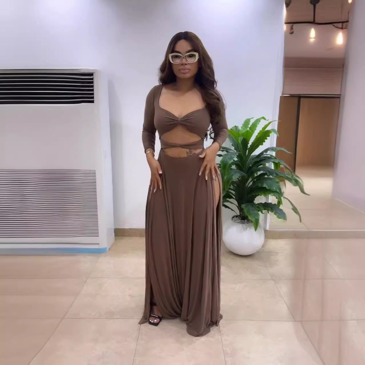 Square Neck Hollow Long Sleeve Tight Fitting Slit Dress 4