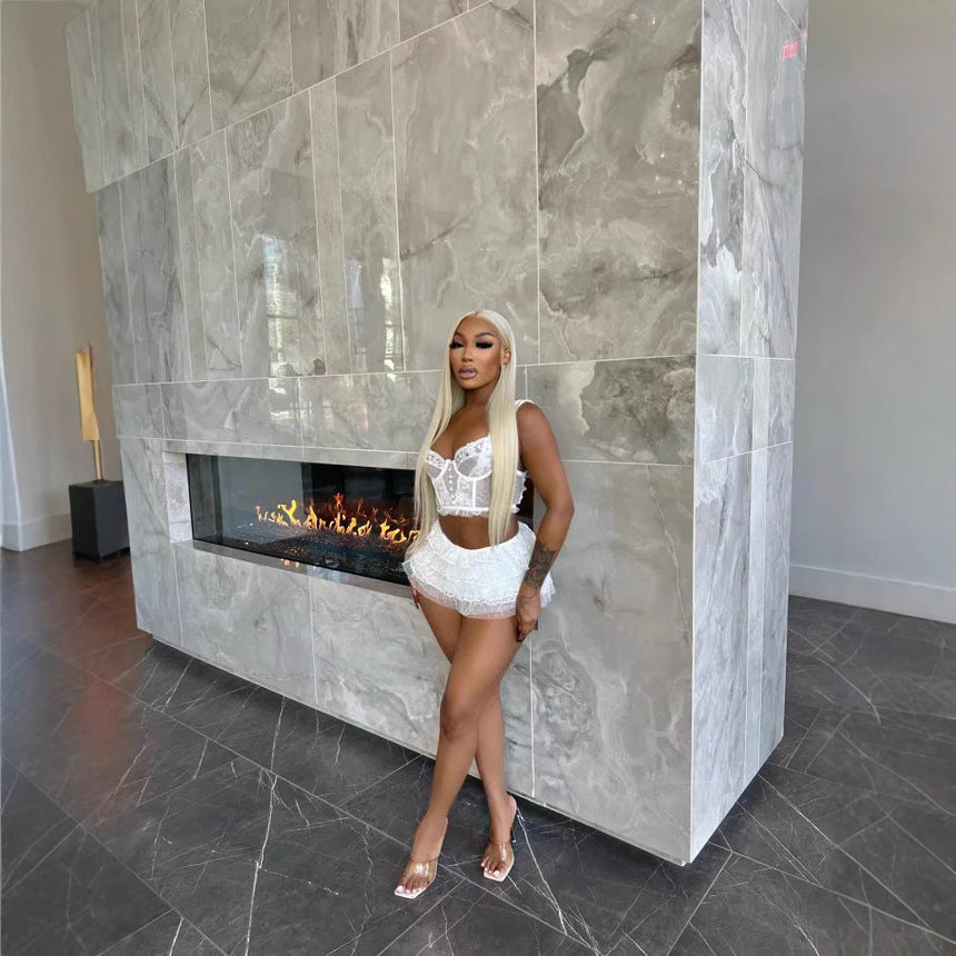 Plus Size Women Summer Sexy Lace Hollow Top and Skir Two-Piece Set 7