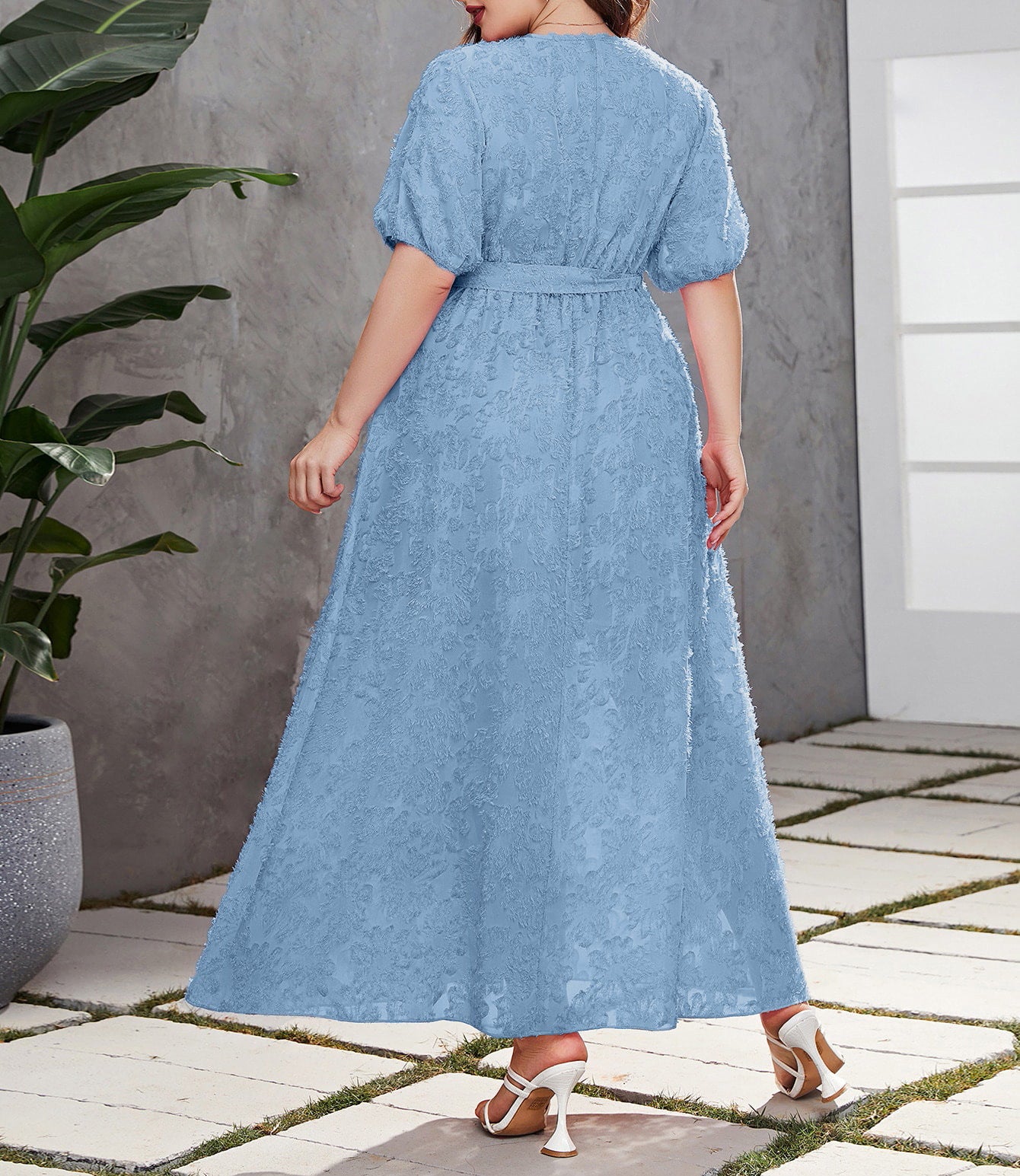 Plus Size Women's Elegant Wrap V-Neck Lace Chic Slim Waist Long Dress 5