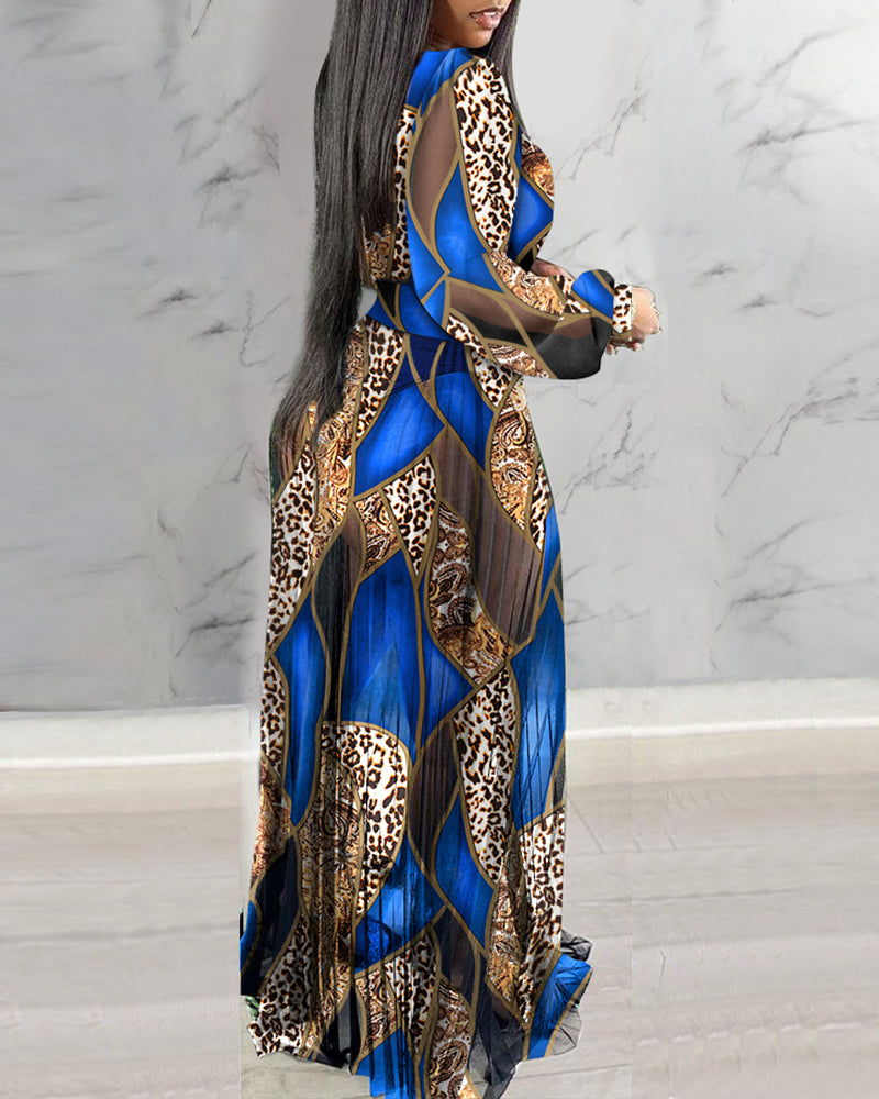 Women sexy v-neck printed long-sleeved dress