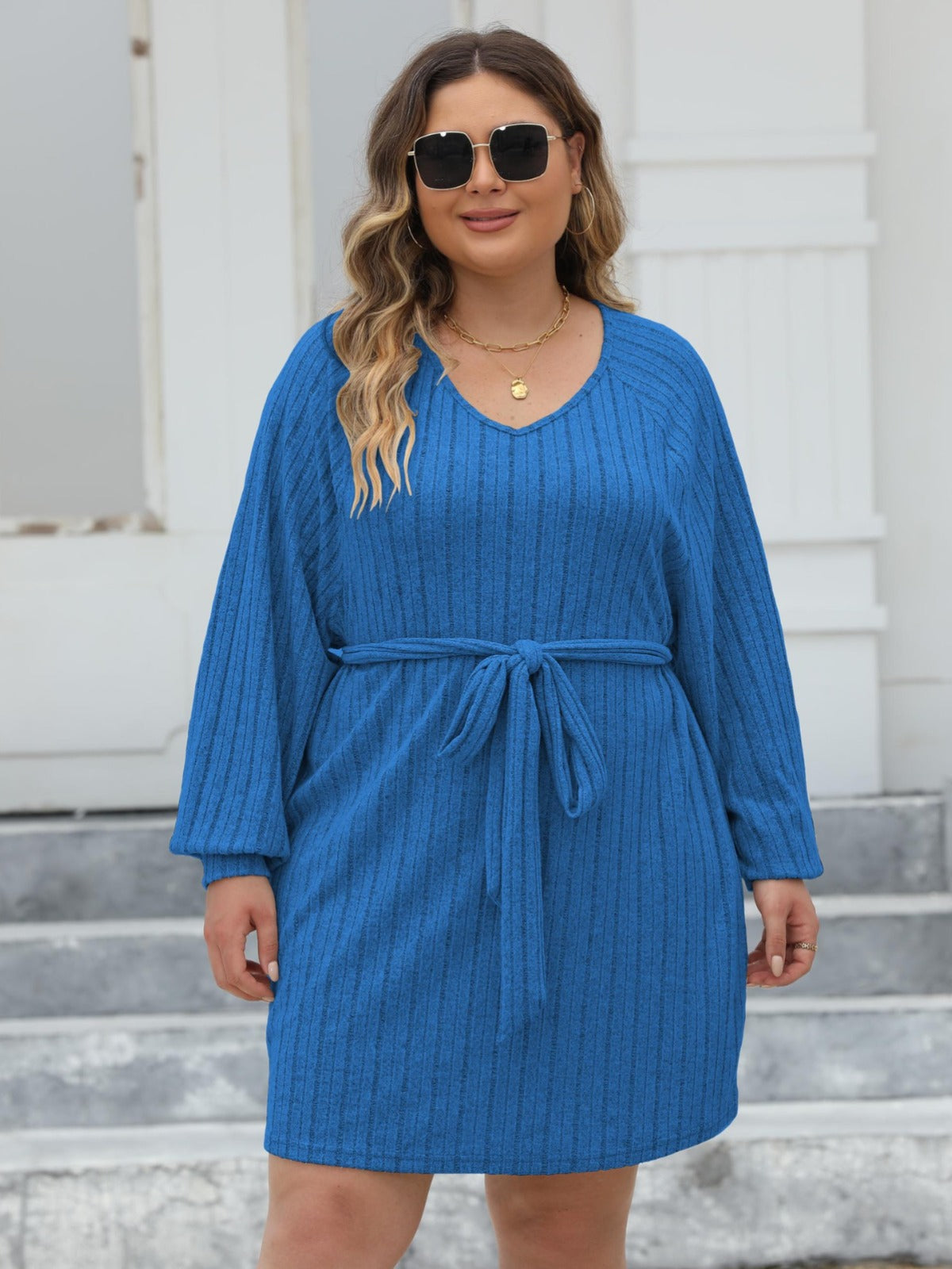 Plus Size Women Lace-Up Ribbed V-Neck Casual Dress 7