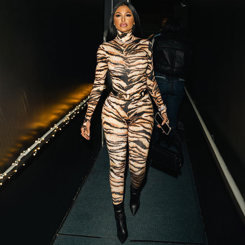 Women Sexy Tiger Print High Neck Bodysuit (Without Belt) 6