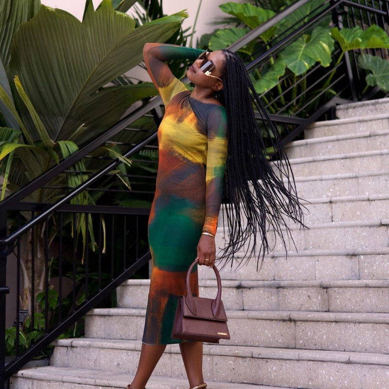 Women Fall Off Shoulder Long Sleeve Print Dress 3