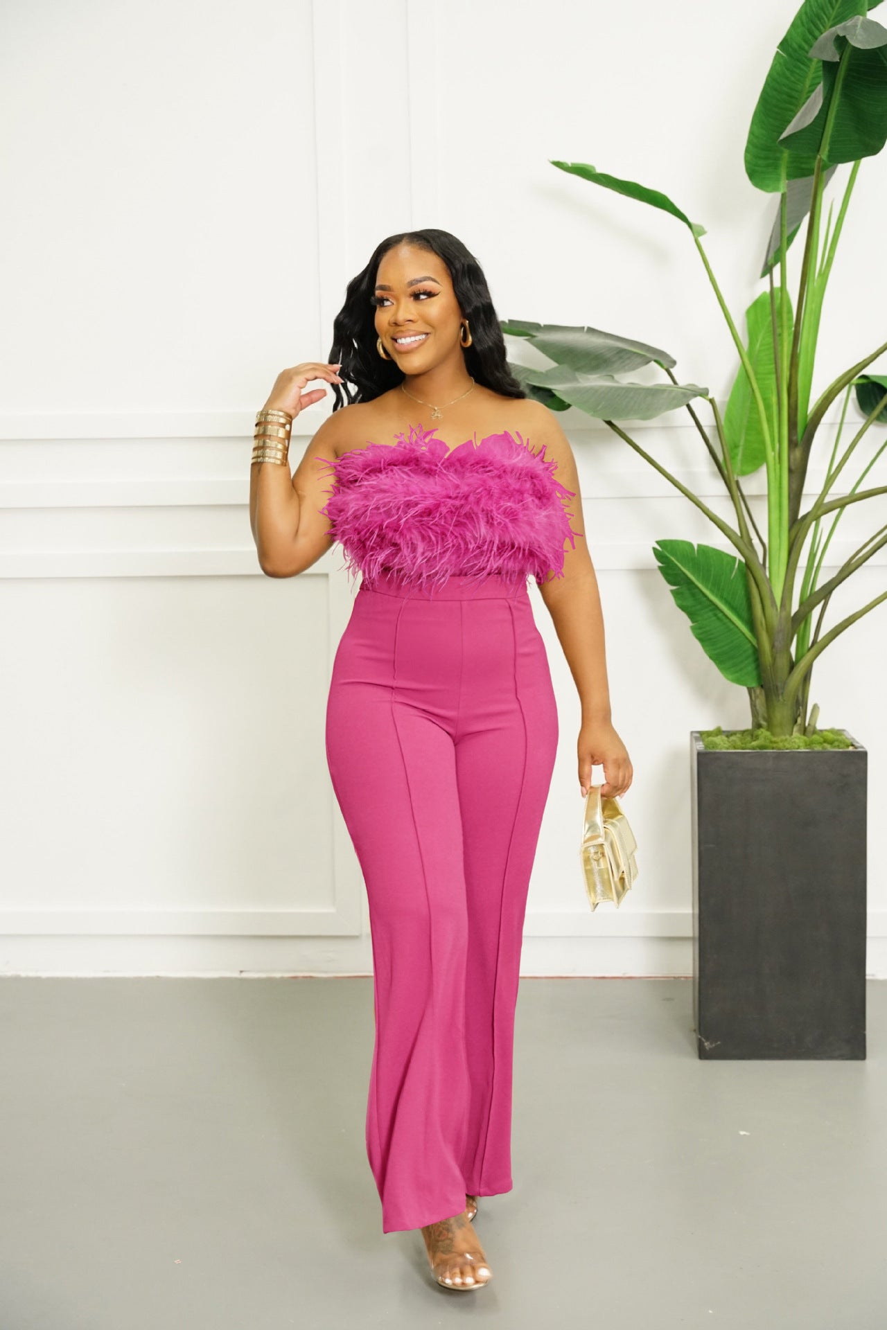 Women's Strapless Feather Top Fashion Sexy Casual Two Piece Pants Set 4