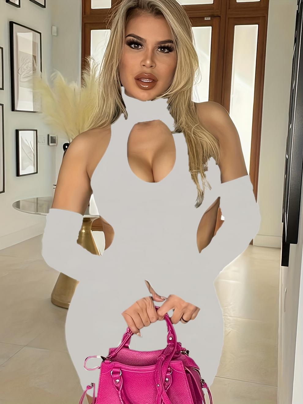 Women Solid Sexy Hollow Halter Neck Bodycon Dress 3