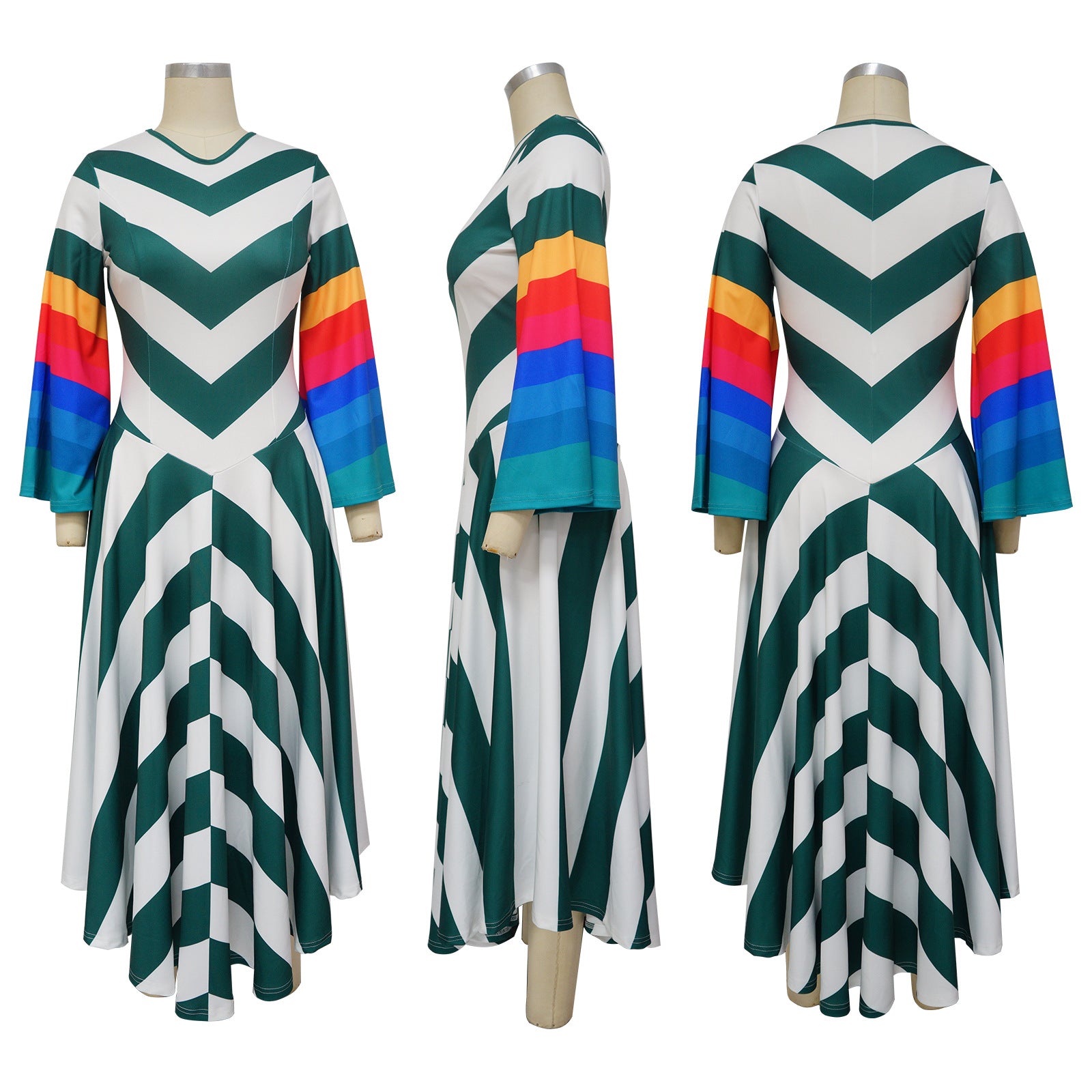 Women's Fashion V Neck Bell Bottom Sleeves Contrast Color Maxi Dress Slim Waist Dress 20