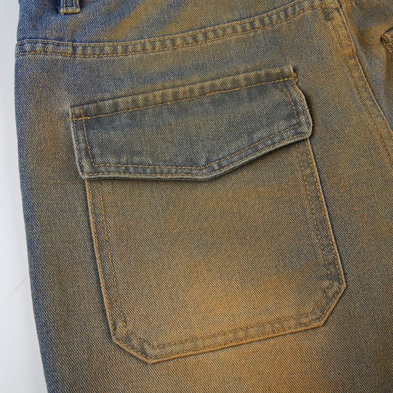 Women American Retro Gradient High Waist Ripped Splash Straight Denim Pants 18