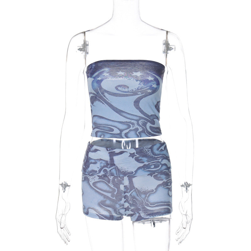 Women Spring Sexy Printed Off Shoulder Tank Top Shorts Two-piece Set