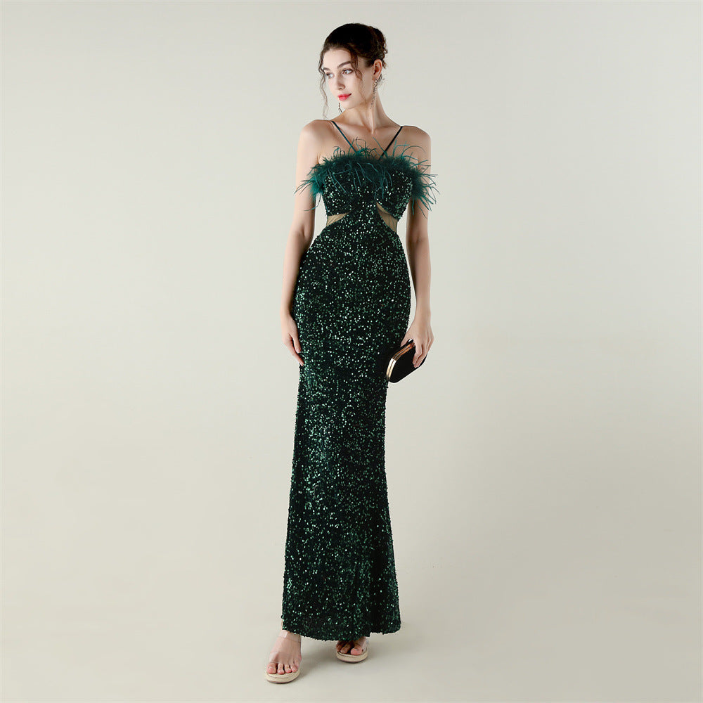 Velvet Sequin Feather Fishtail A-Line Evening Gown 12