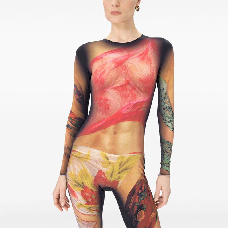 Women Body Painting Print Round Neck Long Sleeve Leg-Connected Jumpsuit 11