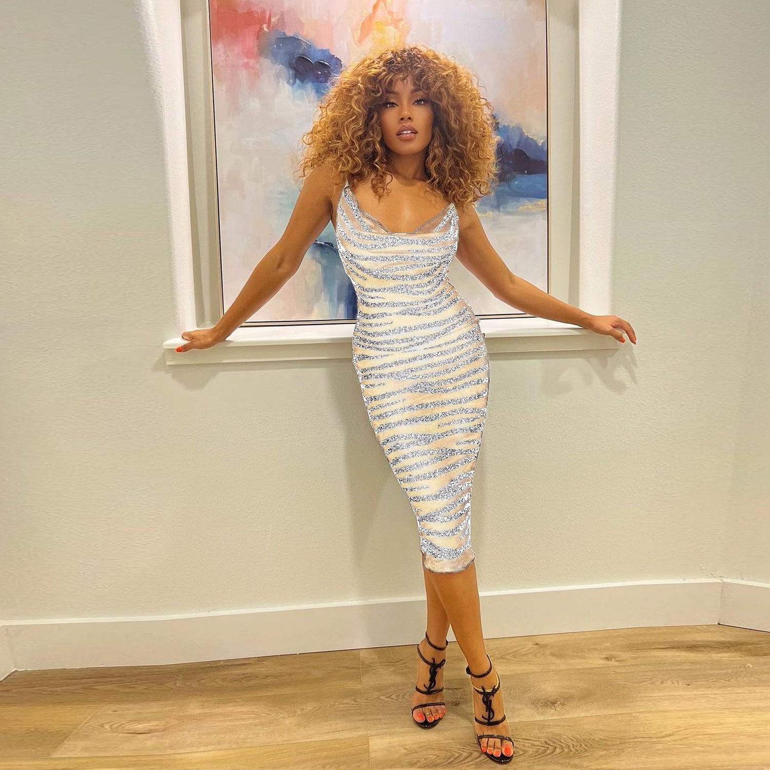 Women Sling Beaded See-Through Bodycon Dress 7