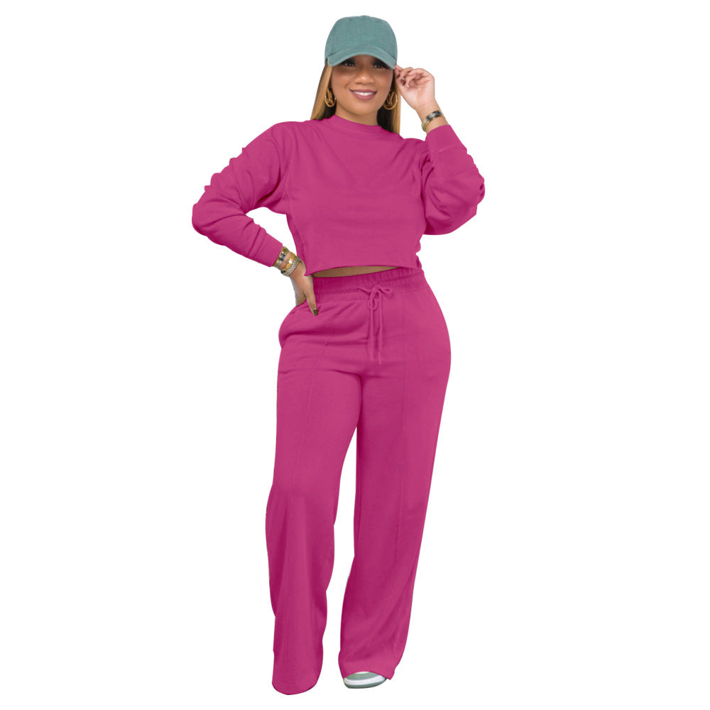 Solid Color Long Sleeve Pocket Straight Pants 2 Piece Set 23
