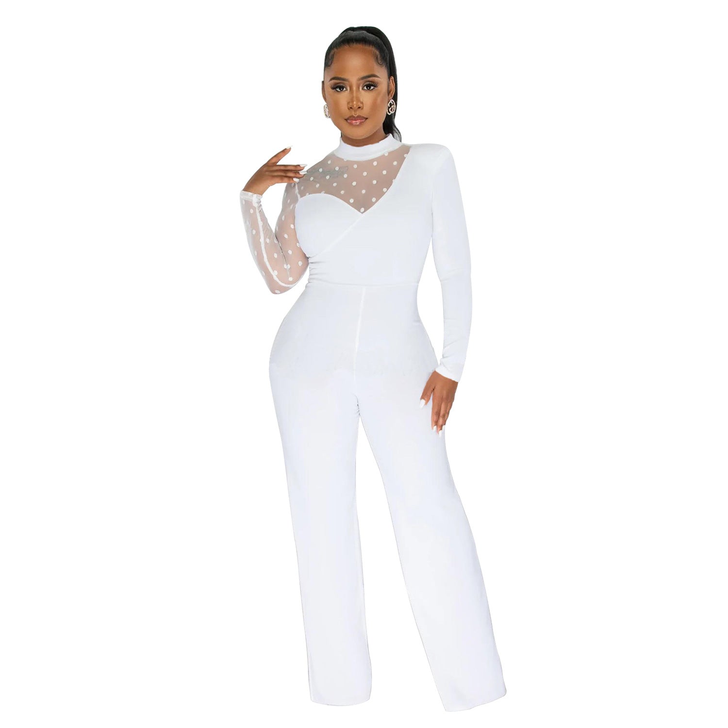 Women mesh See-Through Polka Dot Long Sleeve Jumpsuit 13