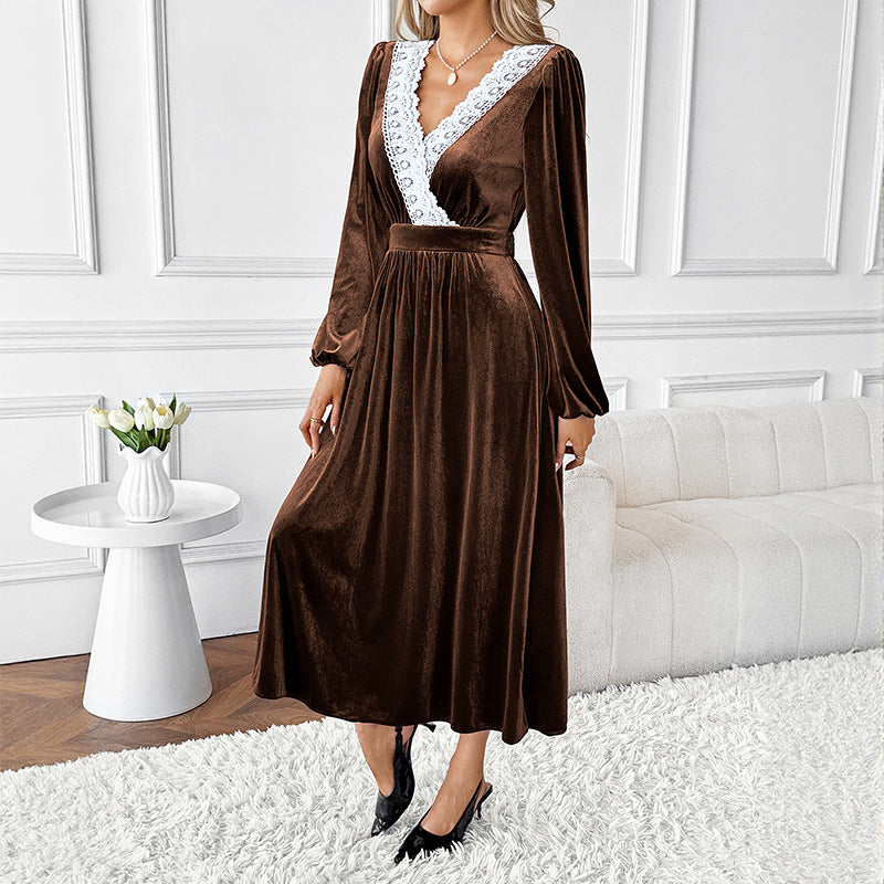 Women Fall/Winter Patchwork Lace V-Neck Long-Sleeved Velvet Maxi Dress 4
