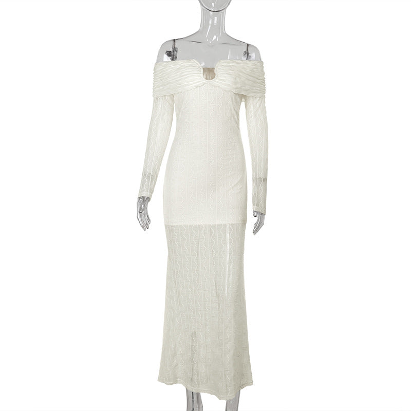 Women metal buckle Off Shoulder long-sleeved dress 9