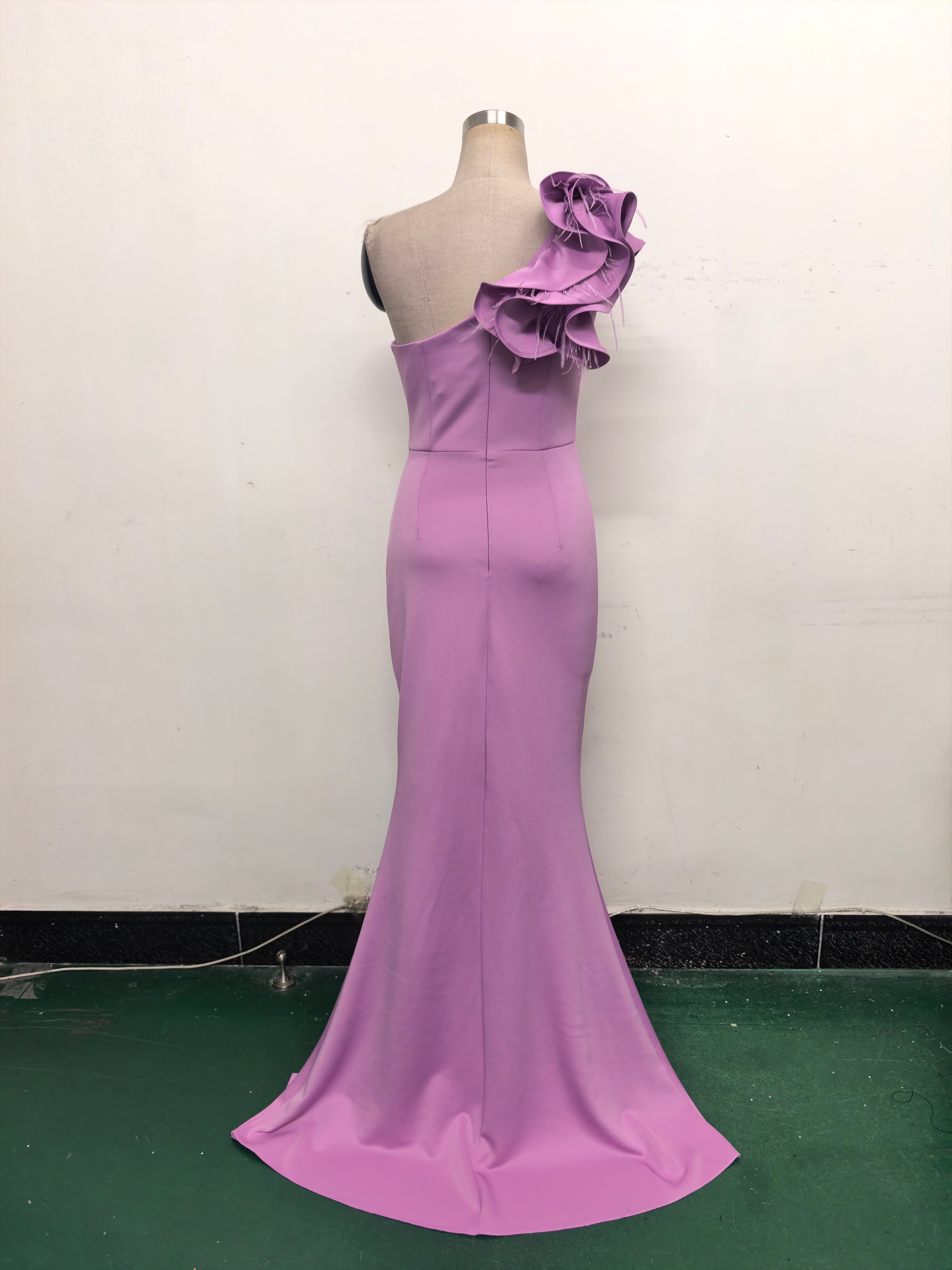 Women One-Shoulder Beaded Wool and Floral Satin Slit Sexy Evening Dress 31