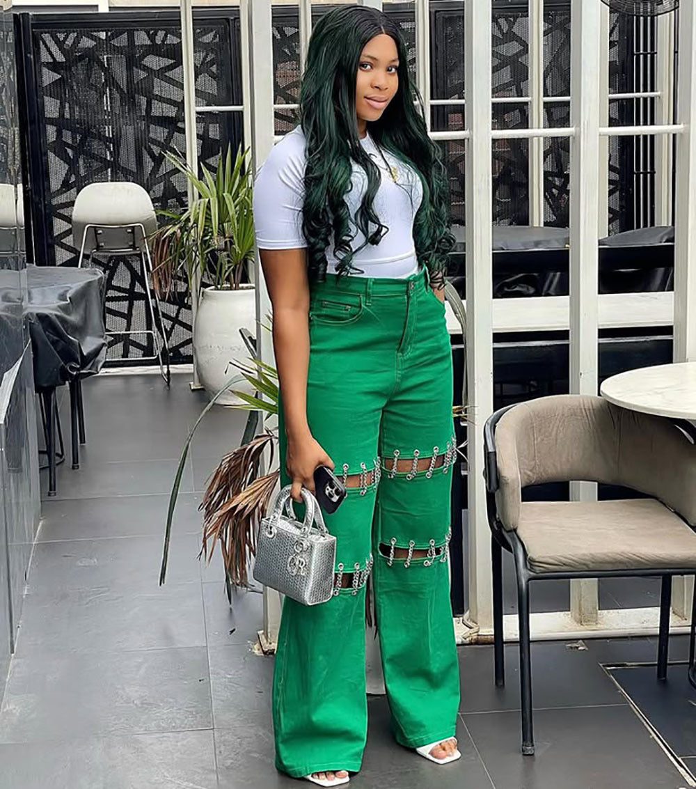 Women's High-Waisted Patchwork Denim Jeans with Studded Chain 6