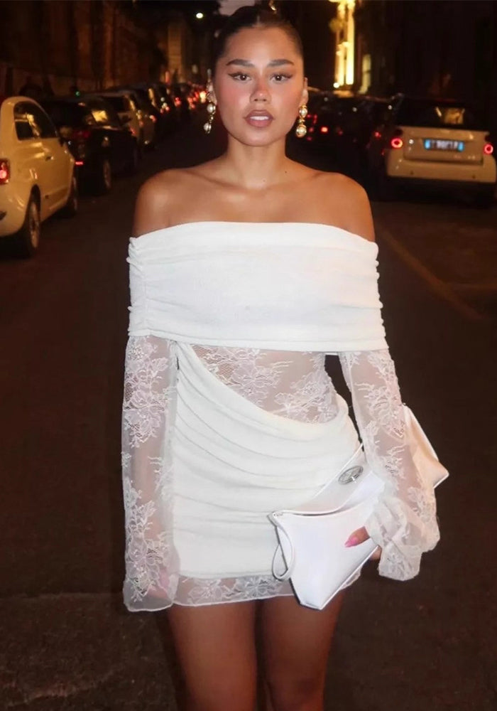 Women's Chic Lace Patchwork Off-Shoulder Knit Short Dress