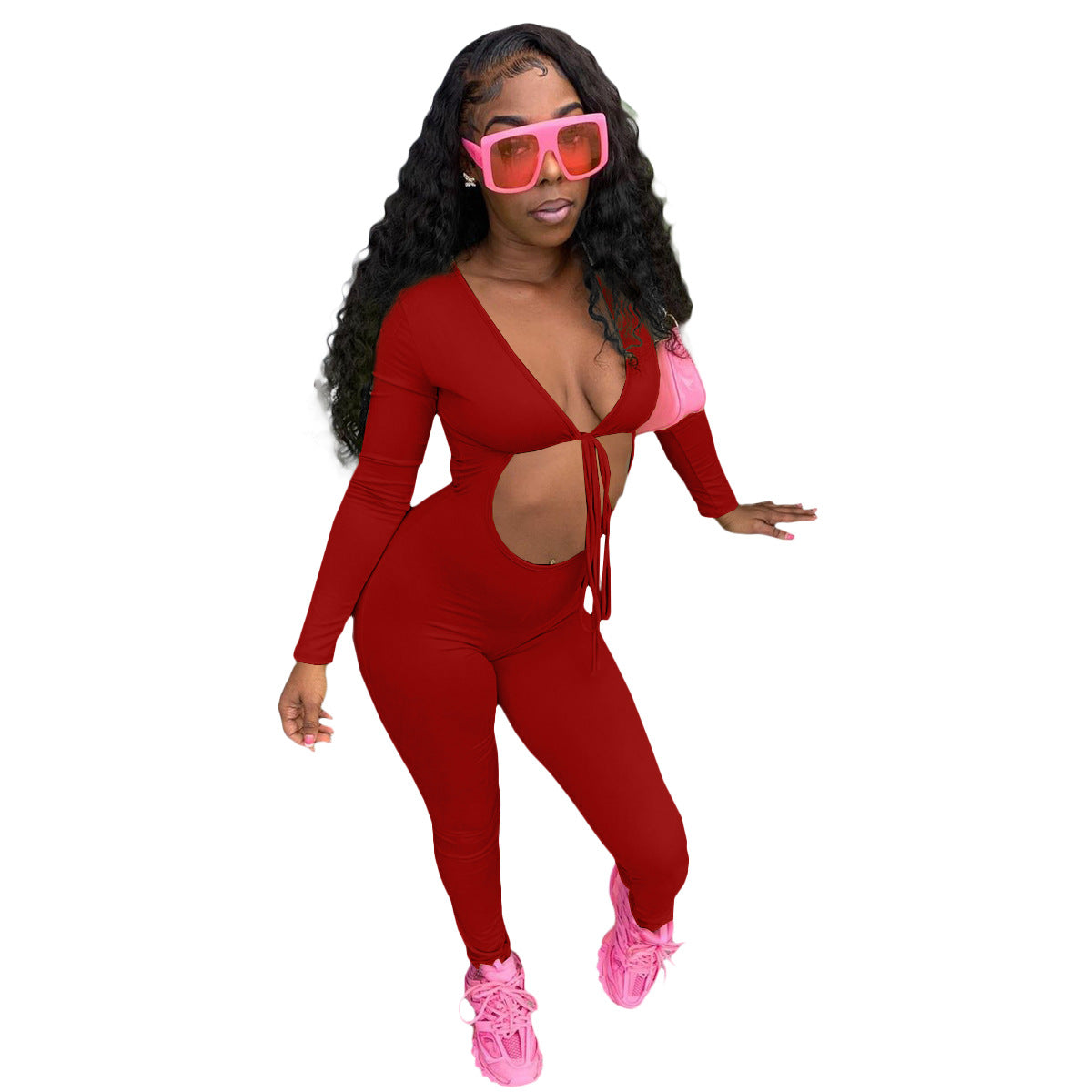 Women's Autumn Solid Color Lace-up Cutout Jumpsuit 8