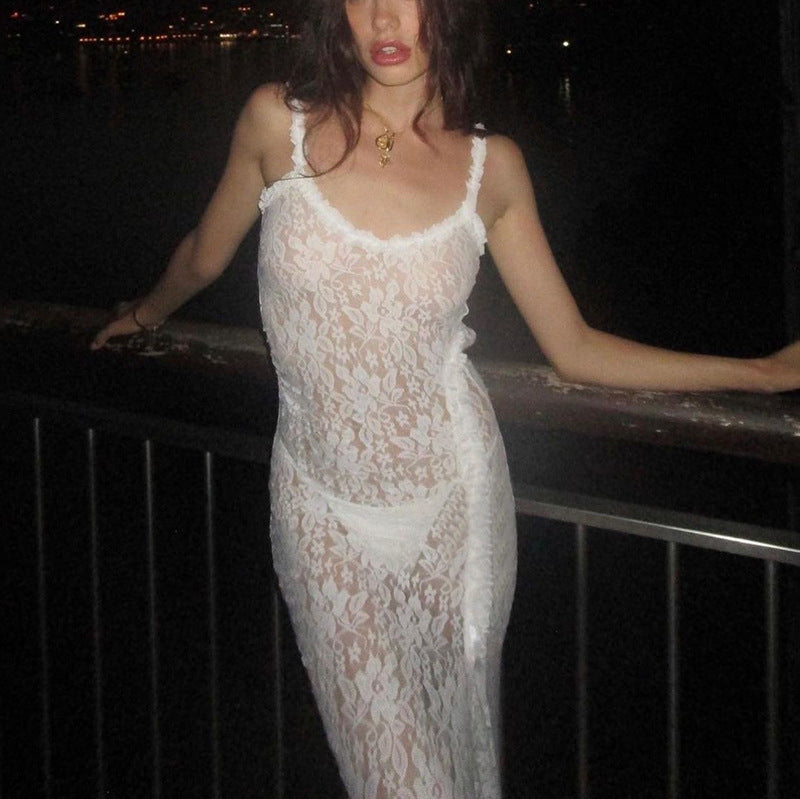 Spring Sexy Fashion Sheer Lace Slim Long Dress 3