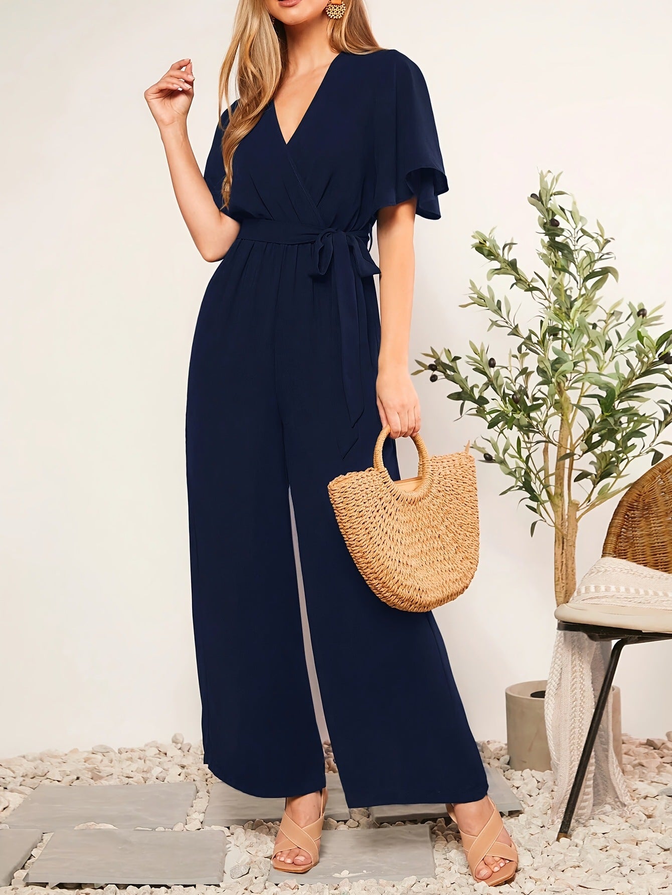 Women Holidays Solid V-Neck Ruffle Sleeve Lace-Up Jumpsuit 4