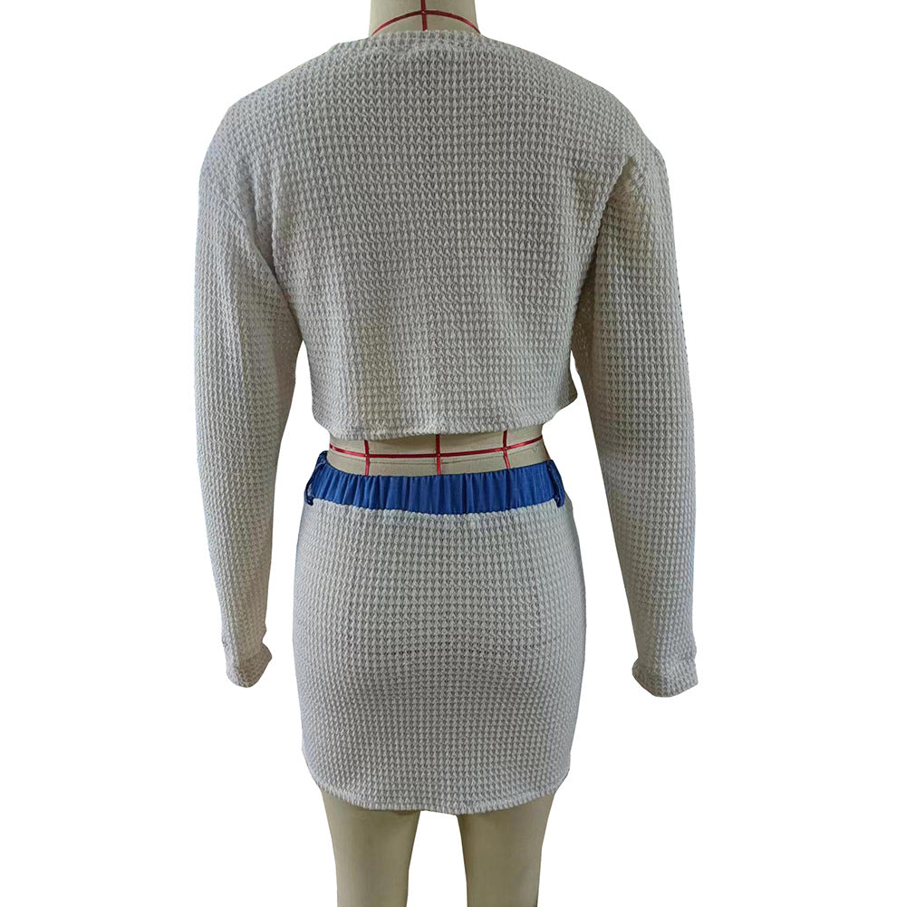 Women Long Sleeve Patchwork Crop Top and Skirt Two-Piece Set 11