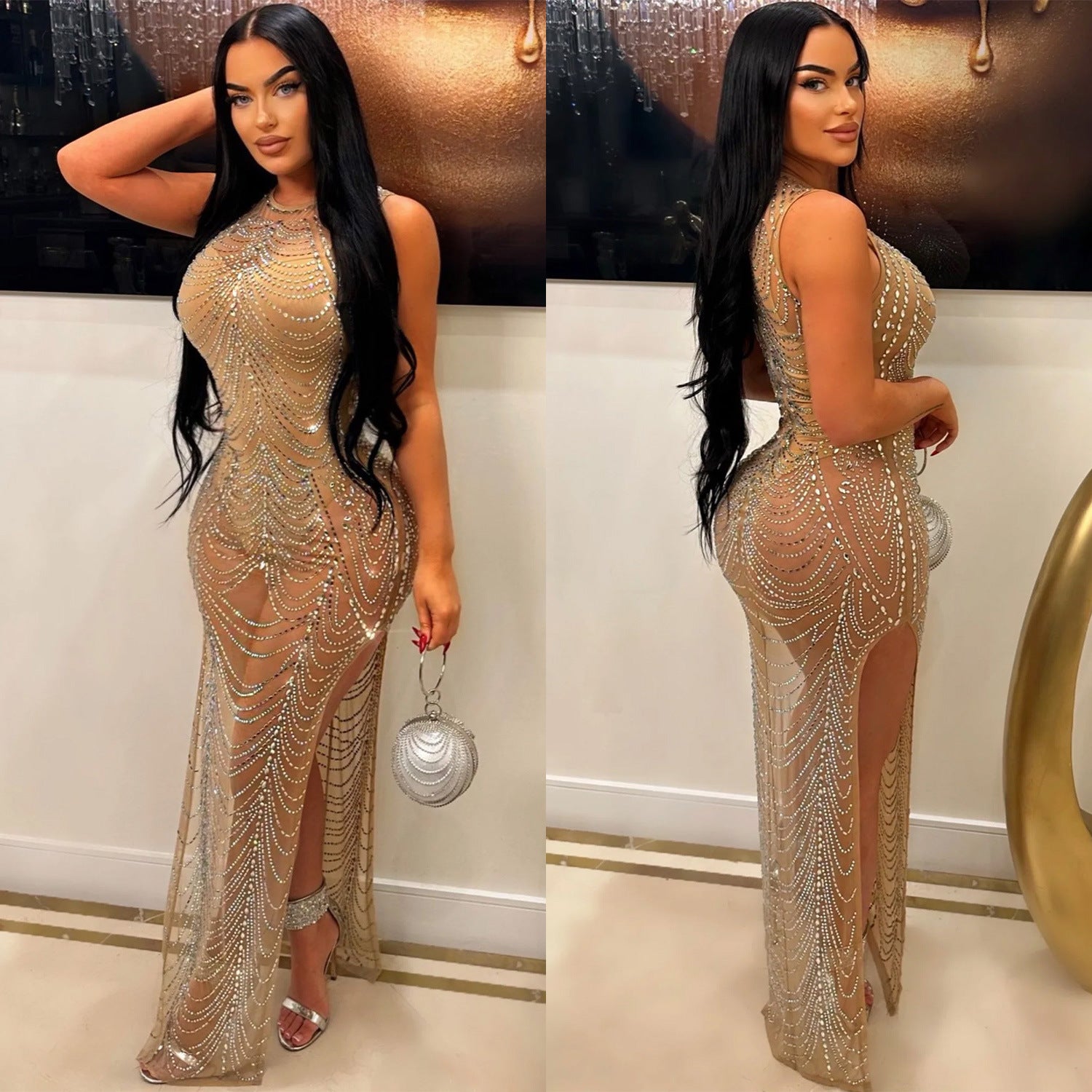 Fashion Women's Solid Color Mesh Beaded Sleeveless Long Dress 5