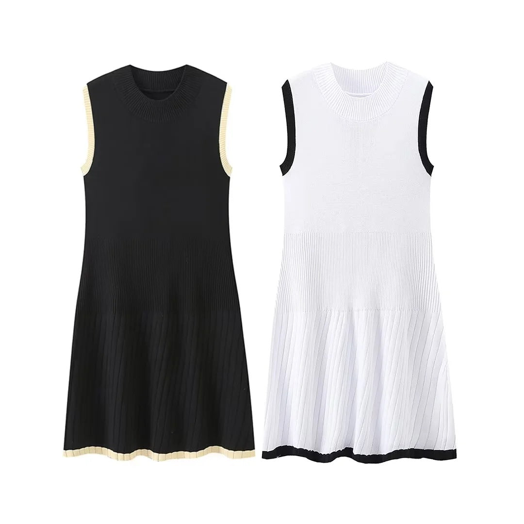 Women's Fashion Round Neck sleeveless pleated Knitting Mini Dress 7