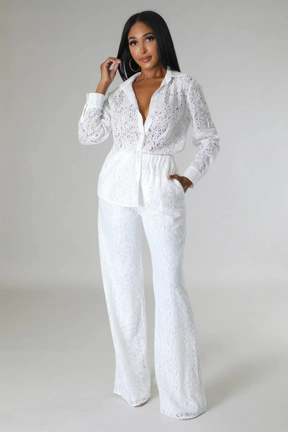 Women's Fashion Casual Autumn Winter Solid Color Long Sleeve Lace Shirt Pants Two Piece Set 8