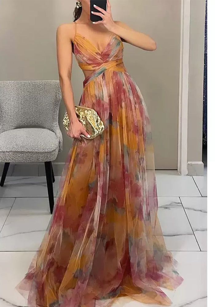 Women spring and summer mesh print holiday casual party strap dress