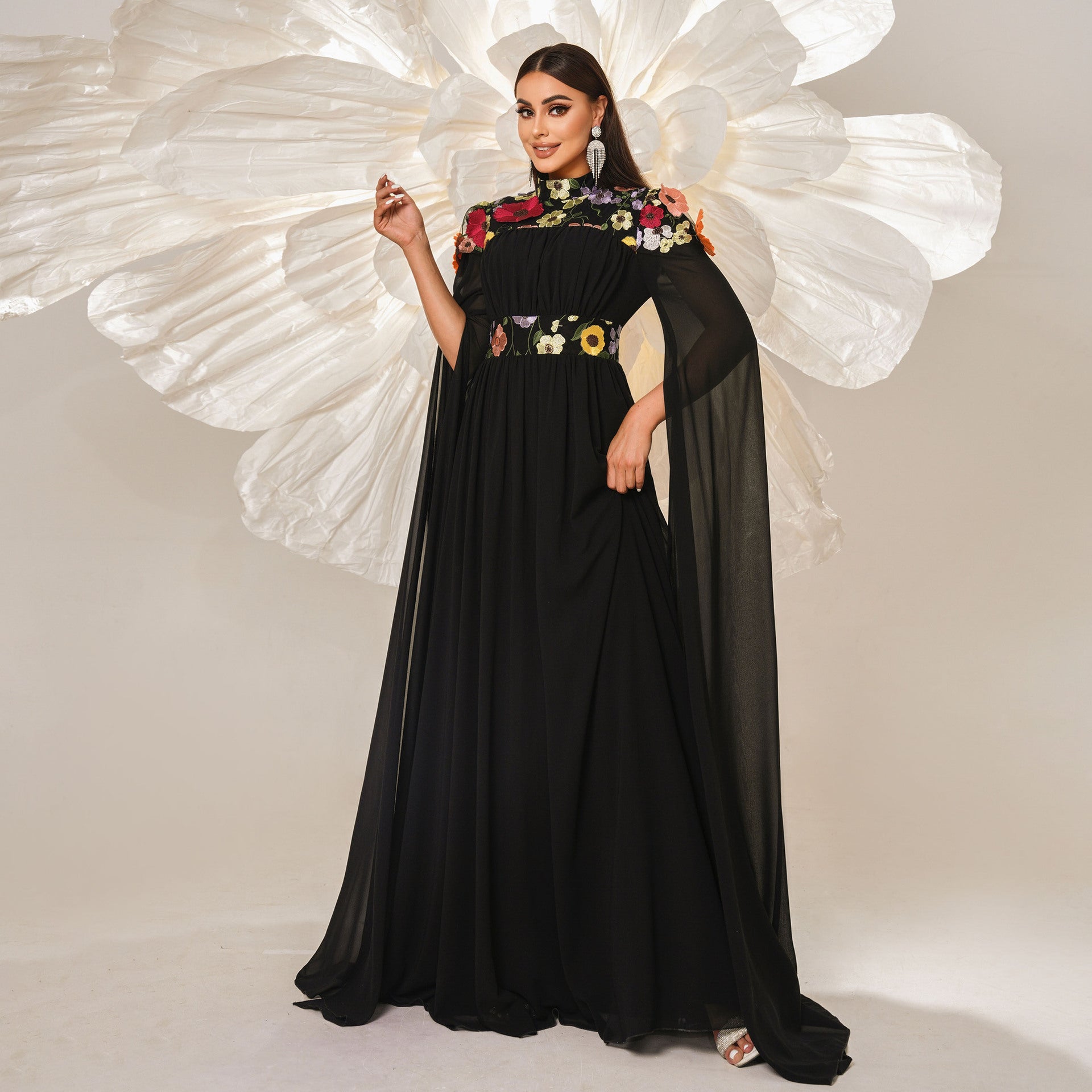 Chic High-Neck Formal Party Embroidered Long Evening Dress Slim Waist Bridesmaid Dress 5