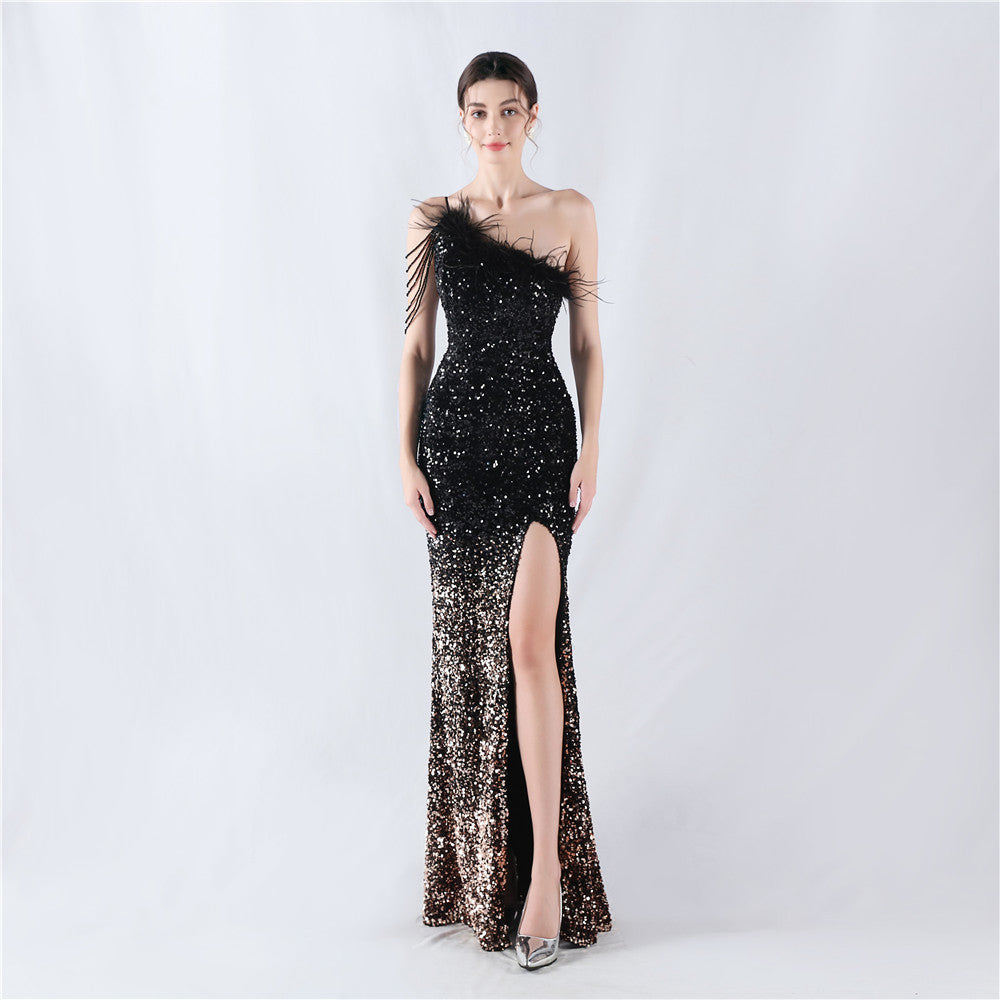 Women Ostrich Feather Beaded Sequin One Shoulder Slash Shoulder Slit Evening Dress 12