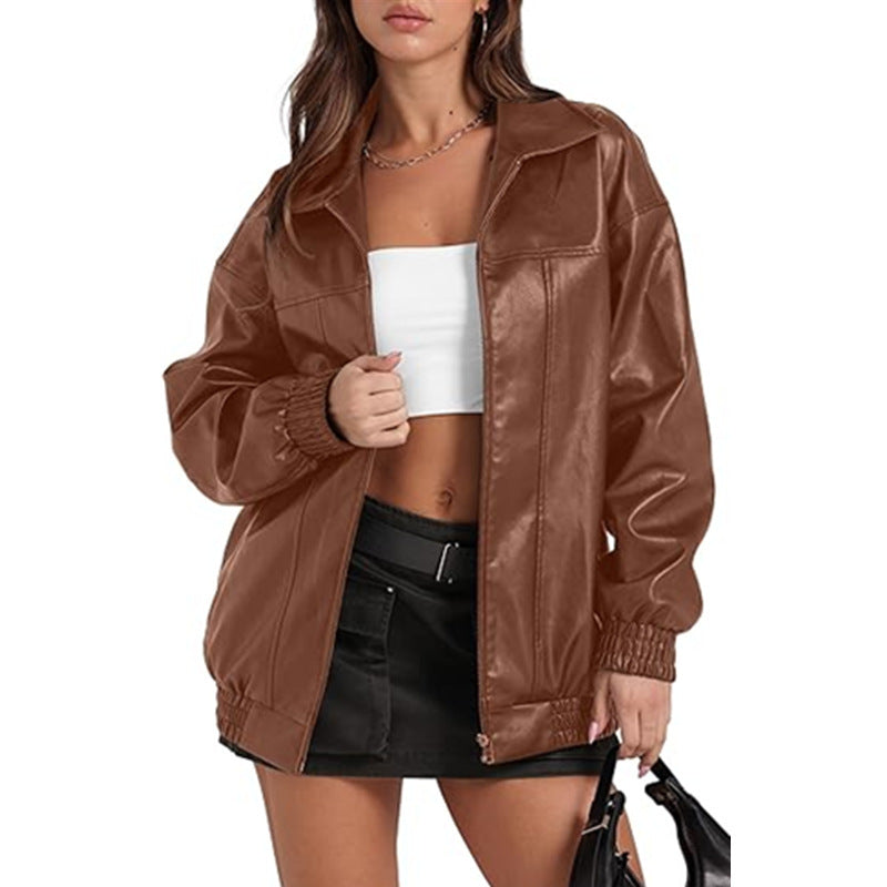 Women Long Sleeve Turndown Collar Zipper Pocket Casual Windbreaker Pu Leather Jacket 7