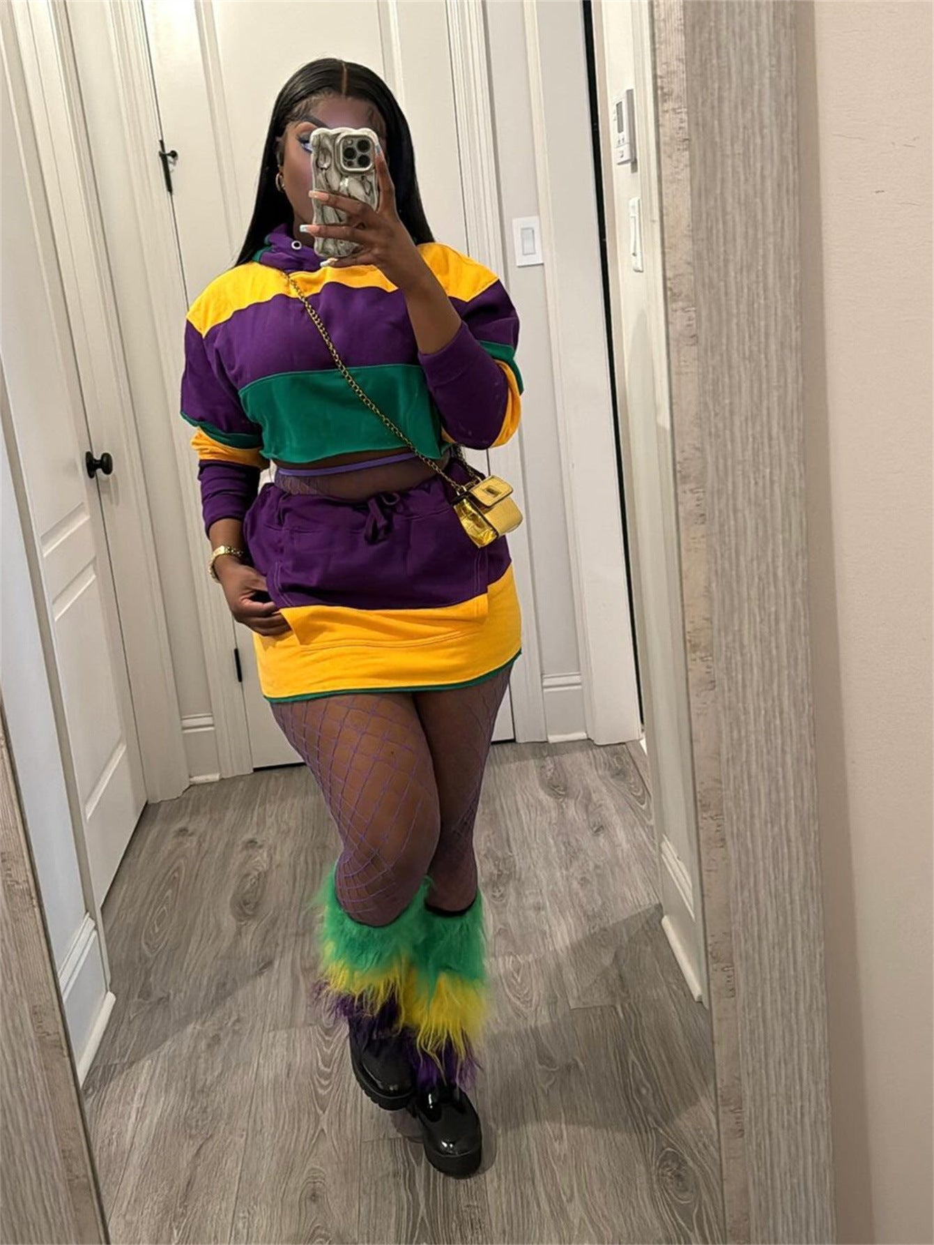 Contrast color trendy striped loose short top lace-up Bodycon short skirt set 5