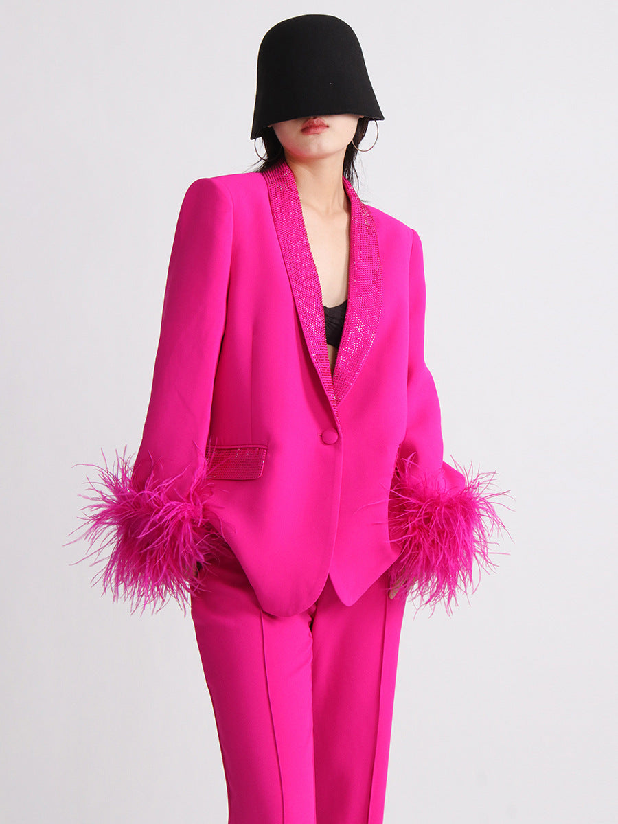 Women Neck Diamond Cuffs Patchwork Ostrich Feather Long Sleeve Blazer 5