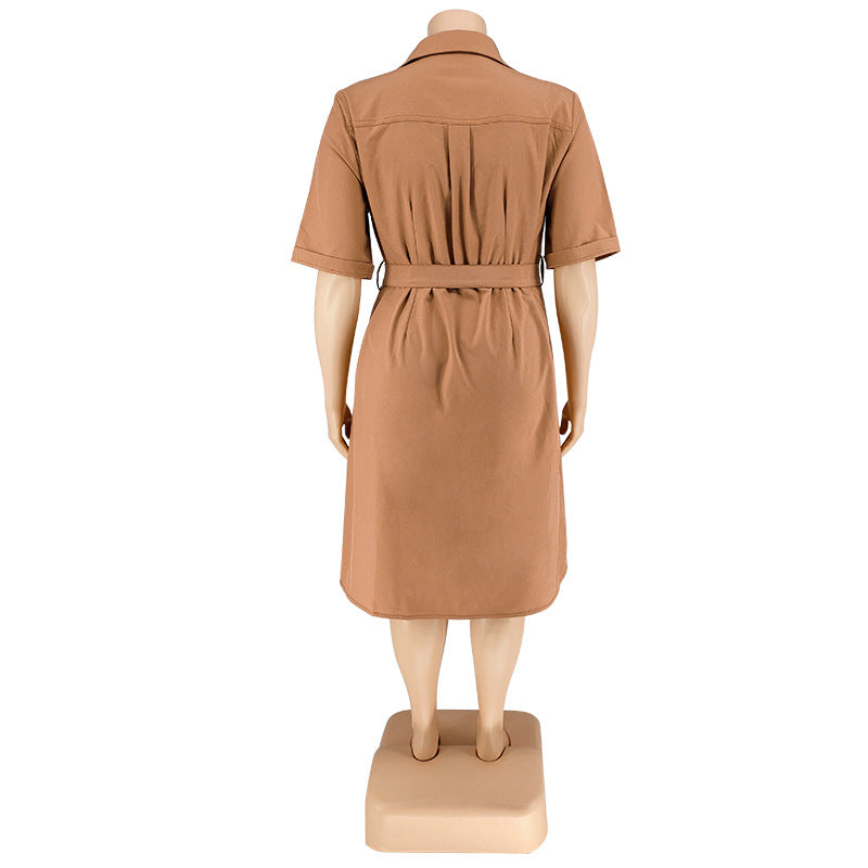 Plus Size Women Fall Solid Short Sleeve Shirt Dress 14