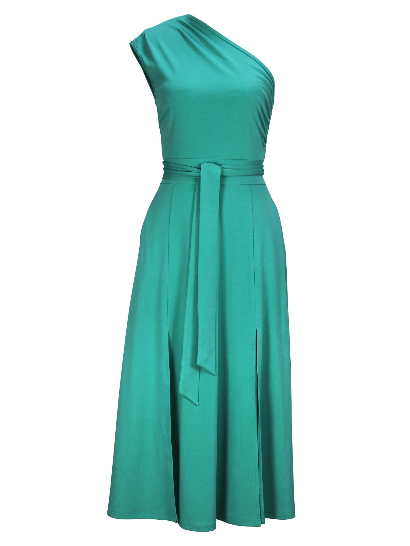 Women's Fashion Elegance Slash Shoulder Slit Solid Color Belt Long Dress 7