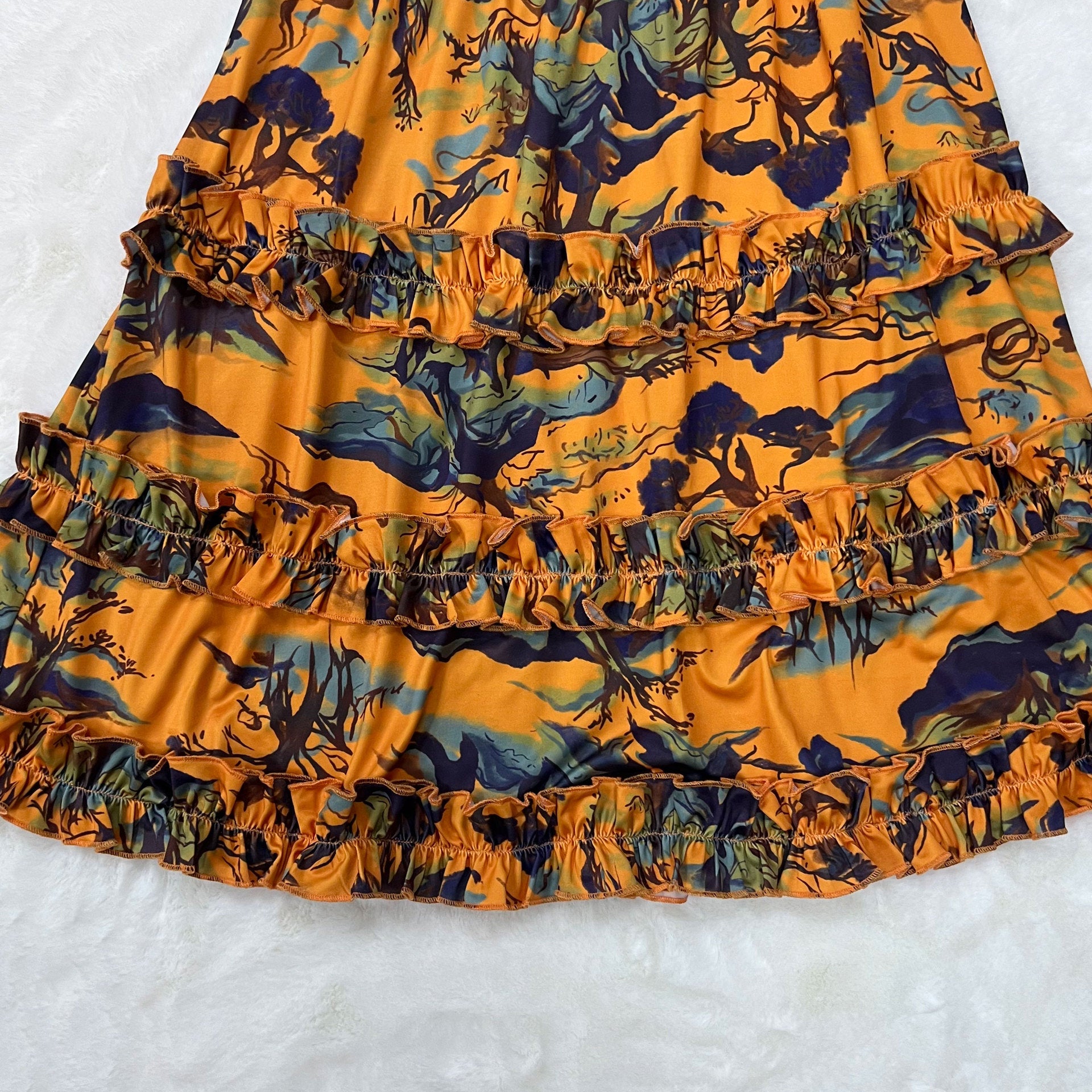 Women Deep V Sexy Camisole Ruffle Edge Print Backless Dress 5