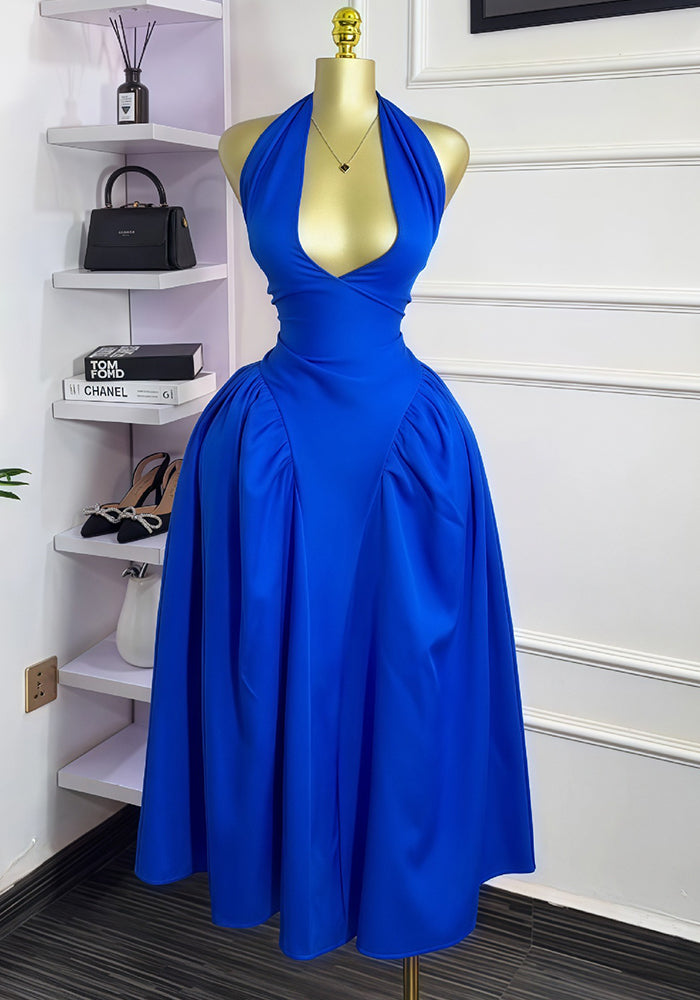 Women Summer Solid Sleeveless Deep V-neck Halter Neck Butterfly Lace-Up Maxi Dress