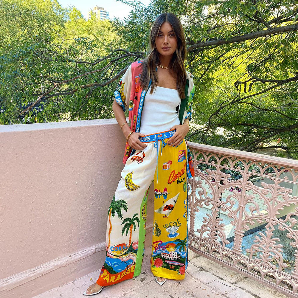 Summer Women Loose Printed Shirt Trousers Two-piece Set 7