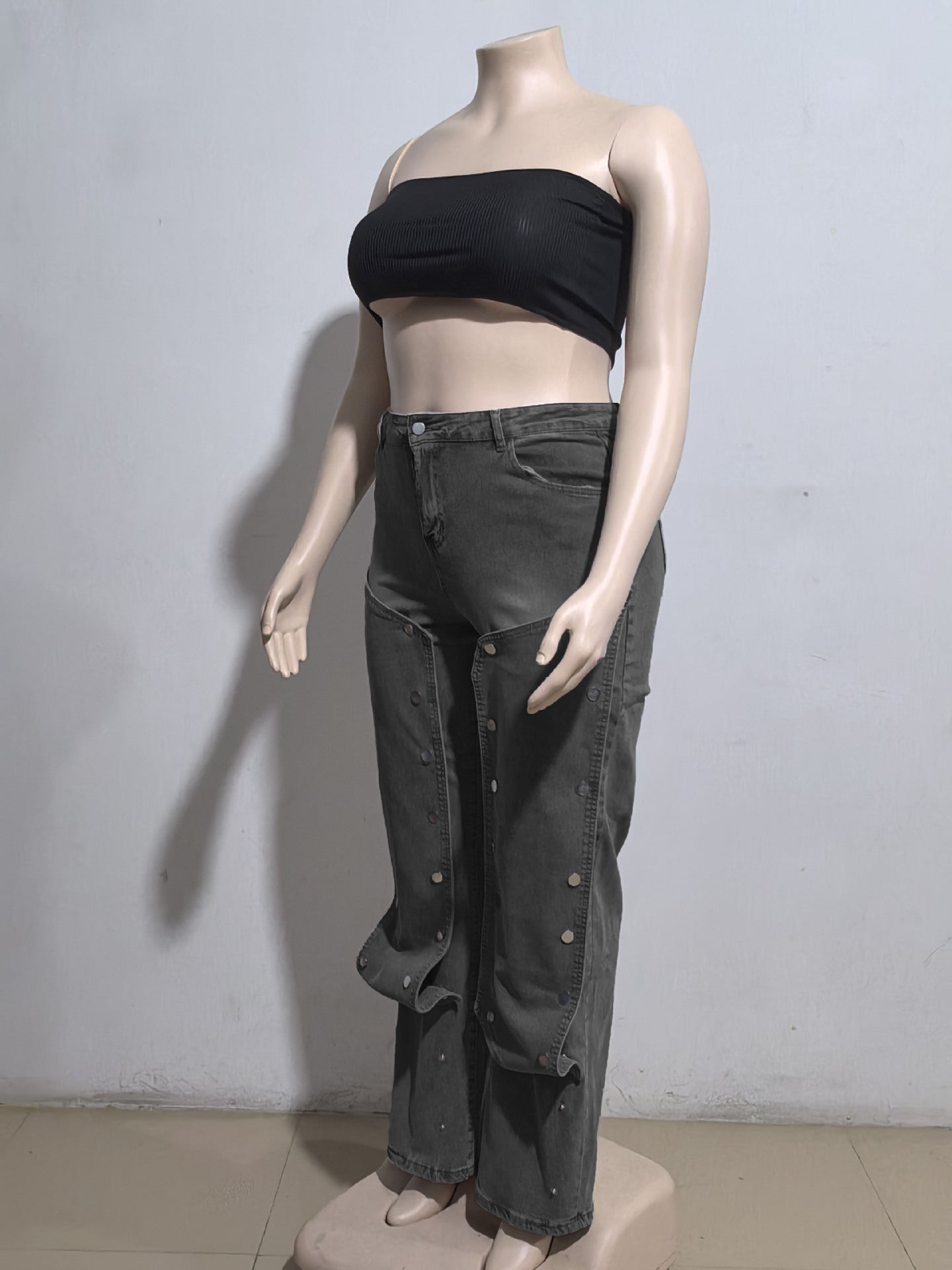 Women's Straight Denim Pants Autumn Street Trend Button High Waist Pants 7