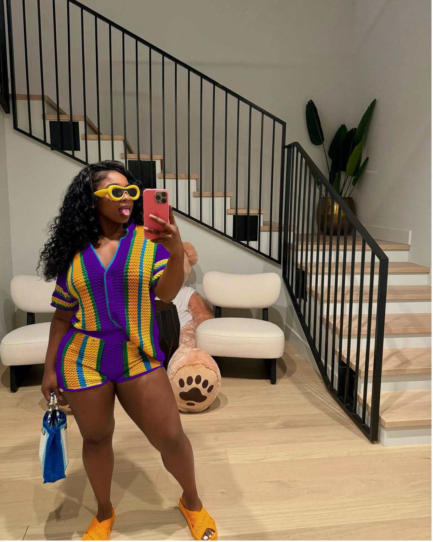 Women's Sexy Hollow See-Through Turndown Collar Knitting Two Piece Shorts Set 43